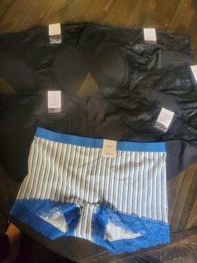 Auden Women's Black Lace Briefs with Blue-Trim Striped Boyshort